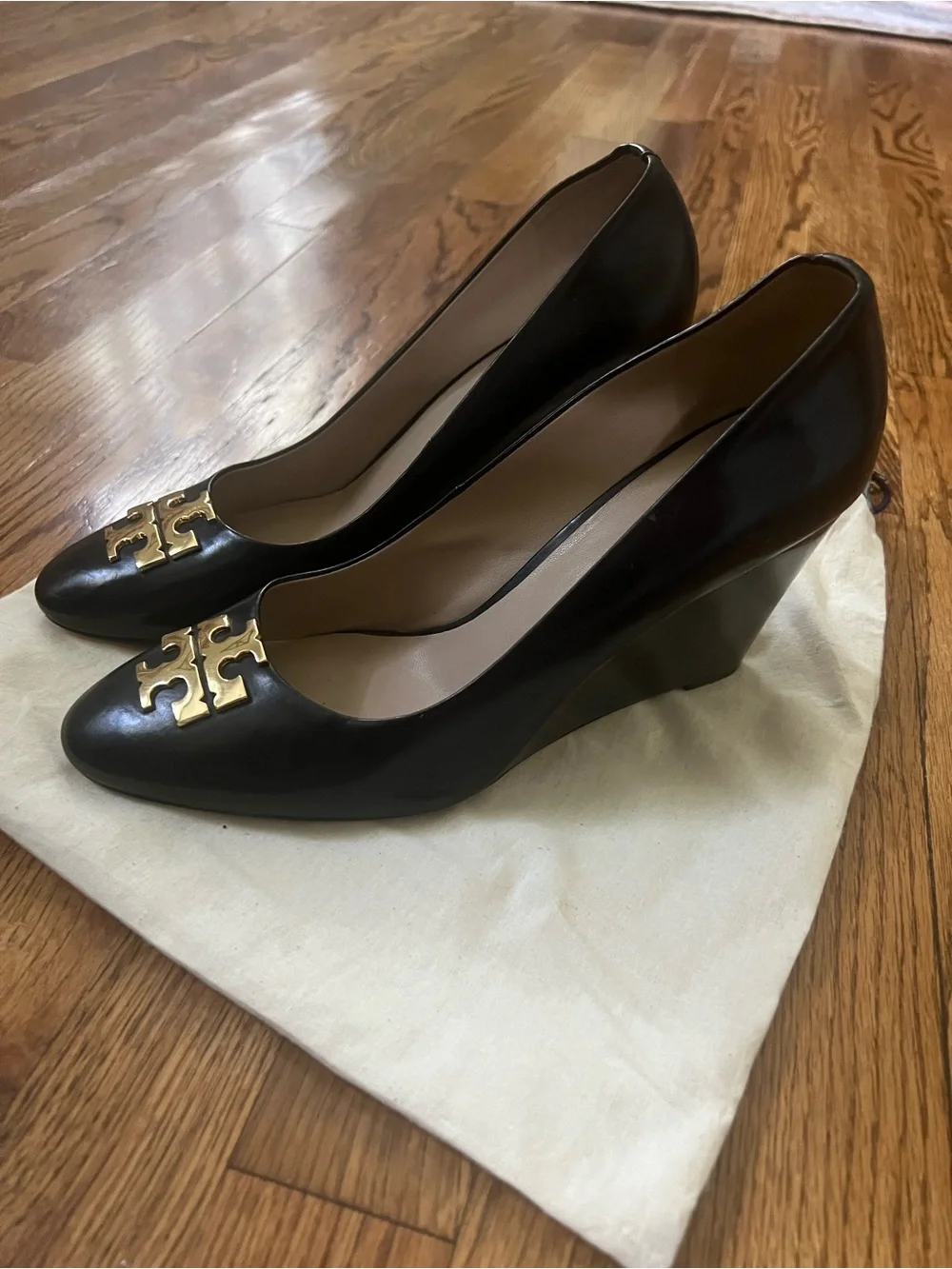 Tory Burch Black Raleigh Wedge Heels with Gold Emblem